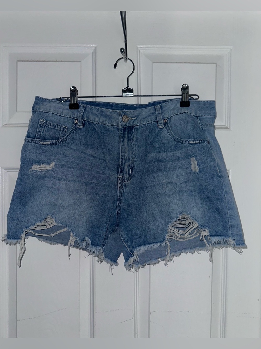 Distressed Mid Rise Denim Shorts - Light Blue